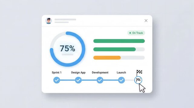 digital progress interface displays a 75 percent completion circle and bar charts inside a floating window set against a subtle grid background representing a data analysis application environment