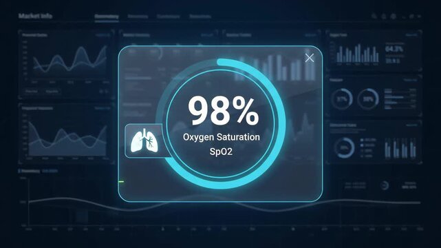 digital dashboard displays a glowing cyan circular health monitoring gauge showing a value of 45 layered over a dark interface with various financial and medical data charts in the background