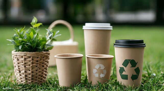 Recyclable paper coffee cups with plant in basket on green grass  promoting eco friendly lifestyle and sustainable consumption