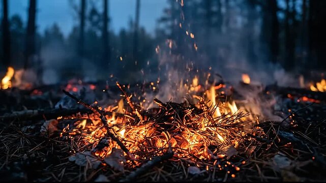 Forest Fire Flames and Embers Smoldering in a Dense wooded area during twilight