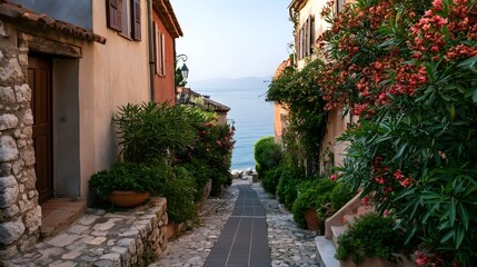 Fototapeta premium Narrow cobblestone path winds through colorful Mediterranean village buildings with flowering plants and sea view in distance