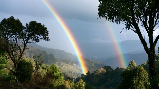A vivid double rainbow arcs gracefully over a lush green valley with dense forest and rolling hills under a cloudy sky