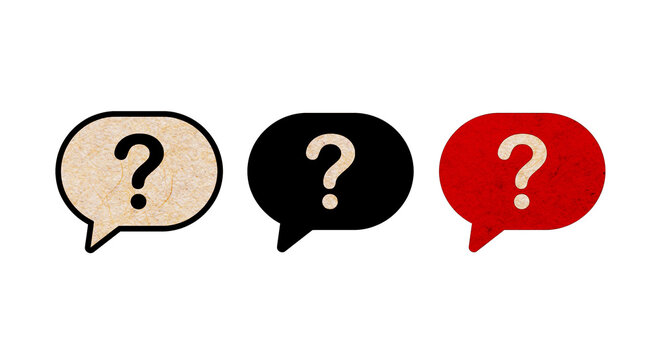 Three speech bubbles with question marks in beige, black and red colors isolated on transparent background