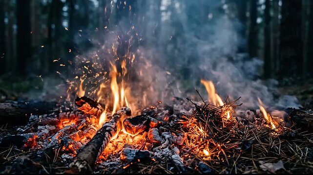 Intensely blazing campfire with flickering flames and glowing embers in a dense forest setting for outdoor adventure ambiance