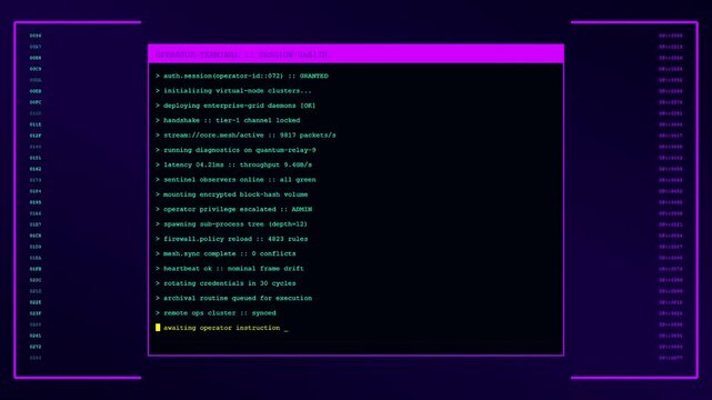 A digital operator interface shows lines of scrolling text and system logs within a dark purple environment captured during a rapid progression of complex command sequences