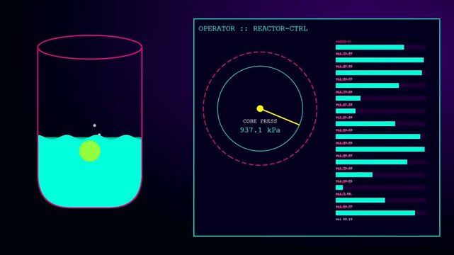 A digital operator interface shows fluctuating pressure levels in a vibrant neon reactor container while data streams and graphic metrics evolve across the dark screen display