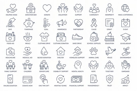 Charity donation icon set with support and giving concepts