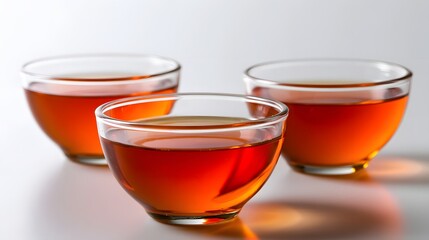 Fototapeta premium Three clear glass bowls filled with amber colored tea arranged on a light surface with soft reflections