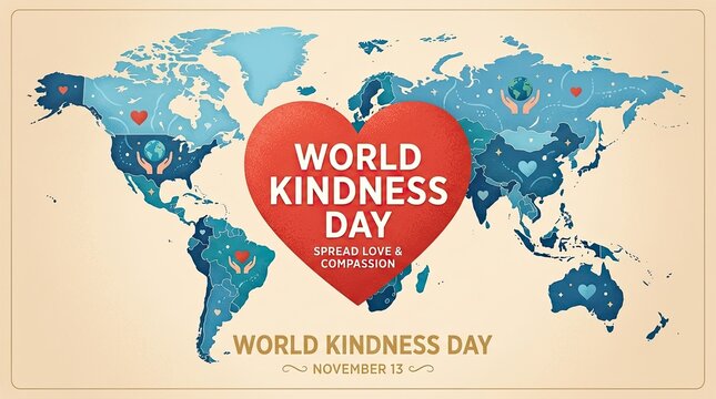 World kindness day concept with a heart shaped map illustration for global compassion