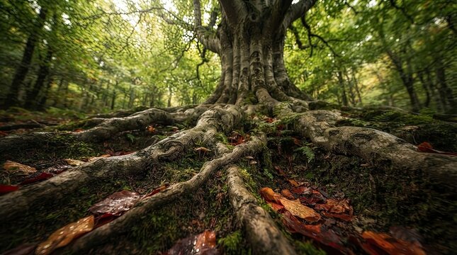 Ancient tree with large exposed roots in a forest