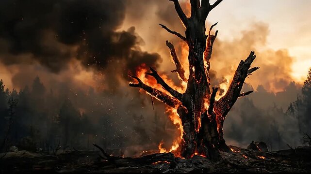Forest Fire Devastation with Smoldering Tree and Plumes of Smoke at Sunset