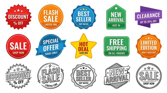 Set of retail store sale stickers and discount marketing badges with retail tag