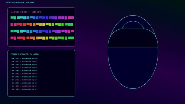 A digital operator interface display cycles through scrolling data streams and light patterns in a dark environment featuring shifting neon code sequences and glowing outlines