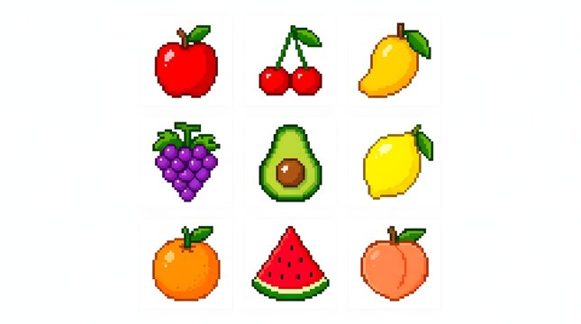 Set of colorful pixel art fresh fruits icons on white background with food icons