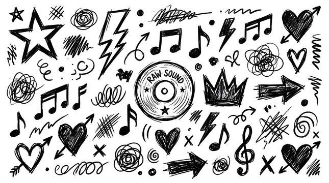 Set of hand drawn music and doodle sketches on white background with sketch set