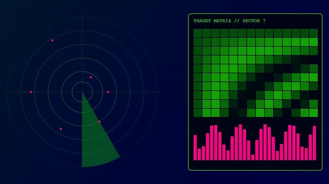 A digital operator interface displays radar scanning patterns with rhythmic bar charts and circular targeting grids in a dark space featuring glowing neon green visuals