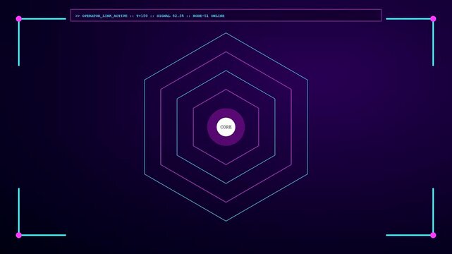 A digital operator interface shows a glowing central core surrounded by expanding neon geometric rings shifting color hues within a dark computer monitor screen display