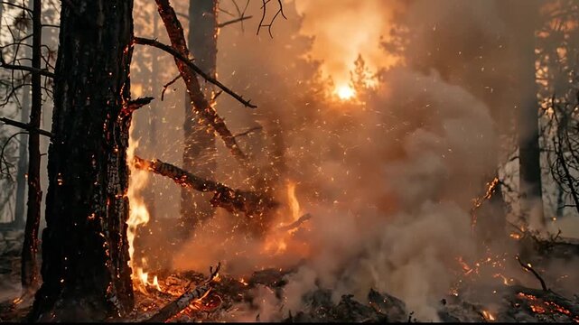 Intense forest fire consuming trees and generating thick smoke with fiery glow and dramatic background
