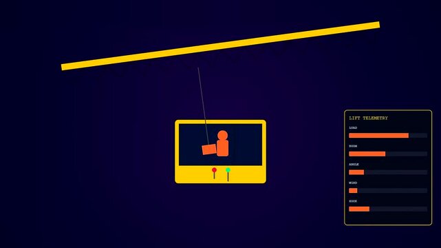 A digital operator interface shows a suspended crate moving along a gantry system as data bars update in real time on this dark screen