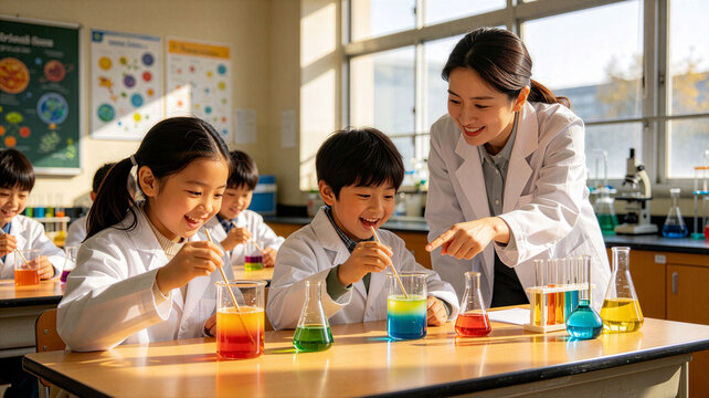 Teacher Guiding Elementary Students In Science Experiment With Colorful Liquids
