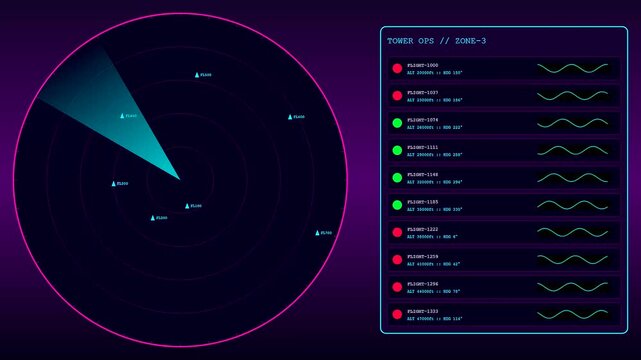 Rotating radar screens and scrolling data lists create a digital operator interface as light sweeping beams illuminate dark panels with glowing circles and moving icons