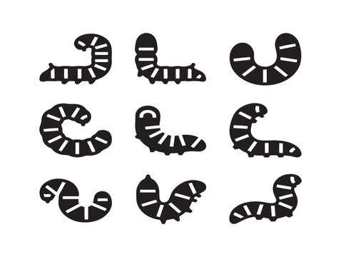 Black silkworm caterpillar icons set isolated on white background vector illustration line art