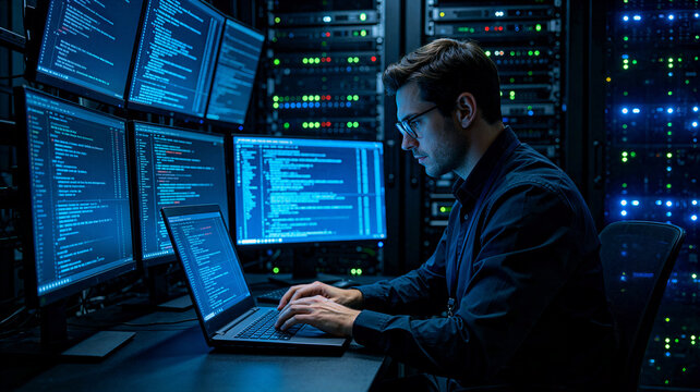 Programmer Working On Laptop In Dark Server Room Data Center