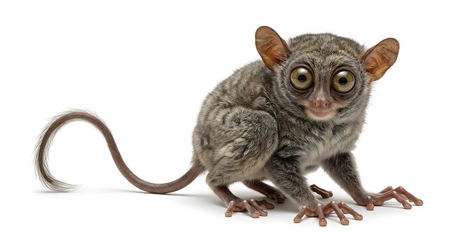 Tiny gray tarsier with enormous eyes and long tail on white