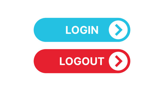 Bright blue login and vibrant red logout rectangular web buttons with arrow icons 