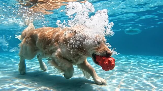 Golden retriever dog swimming and diving underwater in clear pool