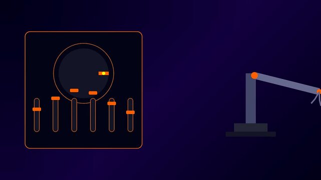 A digital operator interface displays robotic arm arm movements and control sliders inside a dark minimalist graphical environment for real time industrial system monitoring tasks