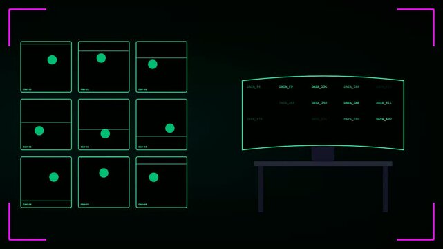 A digital operator interface displays moving green circular nodes on multiple dark computer monitors arranged in a rows layout for professional data analysis and monitoring