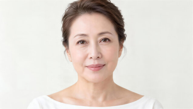 白いボートネックの服で正面を向くまとめ髪の50代女性