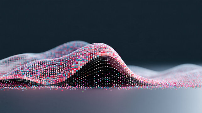 abstract 3D waves made of colorful pixels and data particles, generative technology background, dark backdrop
