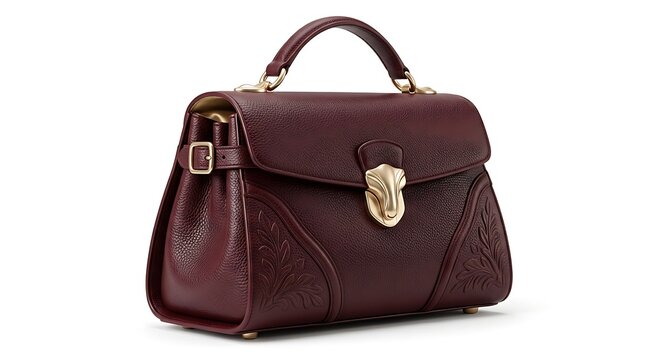Burgundy leather handbag with top handle and polished metal clasp