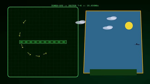 A digital operator interface shows a radar scanning sequence with moving aircraft symbols on a dark screen featuring shifting frequency data in a simulated aviation control center