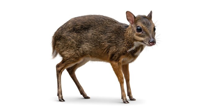 Small mouse deer standing in profile on a clean white background