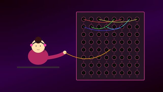 A digital operator interface displays a cartoon character manually connecting glowing cables across a dark grid panel in an animation focused on systematic network routing tasks