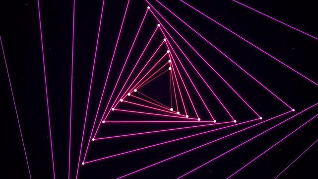 Neon pink triangle tunnel motion background, abstract geometric digital depth, futuristic cyberpunk light lines loop, tech science data visualization
