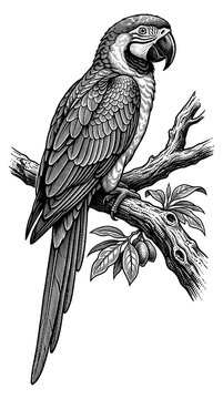 Detailed parrot silhouette illustration on a branch with leaves against a white background