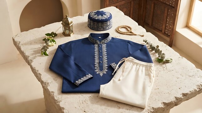 Traditional embroidered kufi cap and thobe outfit displayed on mannequin with accessories