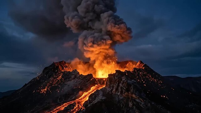 Volcanic eruption capturing fiery lava flow and ash cloud against stormy sky