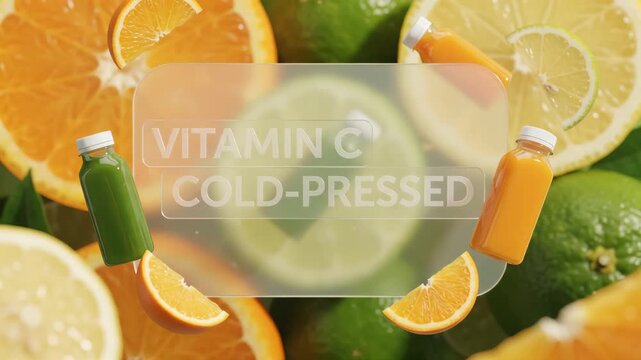 plastic bottle of green vegetable juice floats in mid-air with splashing liquid bubbles set against a blurred background of various citrus fruit slices like oranges lemons and limes