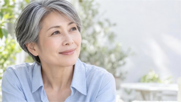 明るいテラスで横を見つめるグレイヘアの50代女性