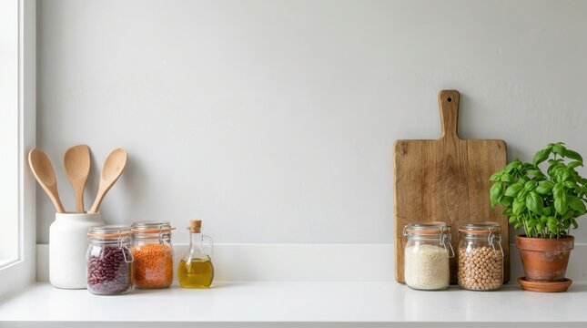 Minimalist kitchen counter with glass jars of legumes, wooden spoons, olive oil, and fresh basil plant against a clean white wall background with copy space.