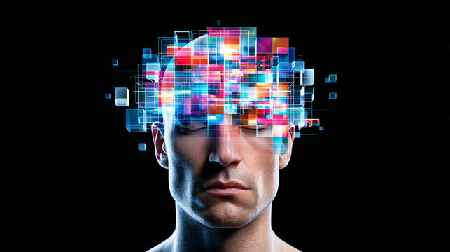 futuristic digital canvas with colorful AI-generated portrait forming from pixels, premium 3D visual, dark background