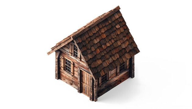 Rustic timber house and miniature wooden chalet design. Rural architecture and traditional shelter concept. Wooden cottage with detailed roof shingles standing on a clean white background.