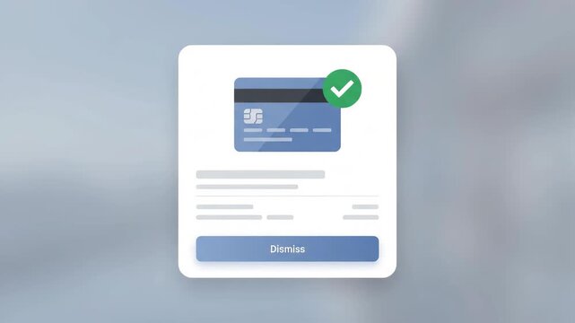 credit card payment success icon with a checkmark displayed on a white interface card against a blurred soft gray digital background representing online transaction approval and financial security
