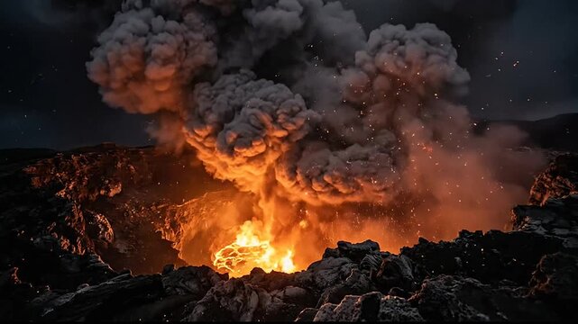 Volcanic Eruption at Night with Fiery Lava and Smoke Plumes in a Mountain Landscape