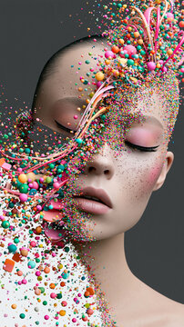 futuristic digital canvas with colorful AI-generated portrait forming from pixels, premium 3D visual, dark background